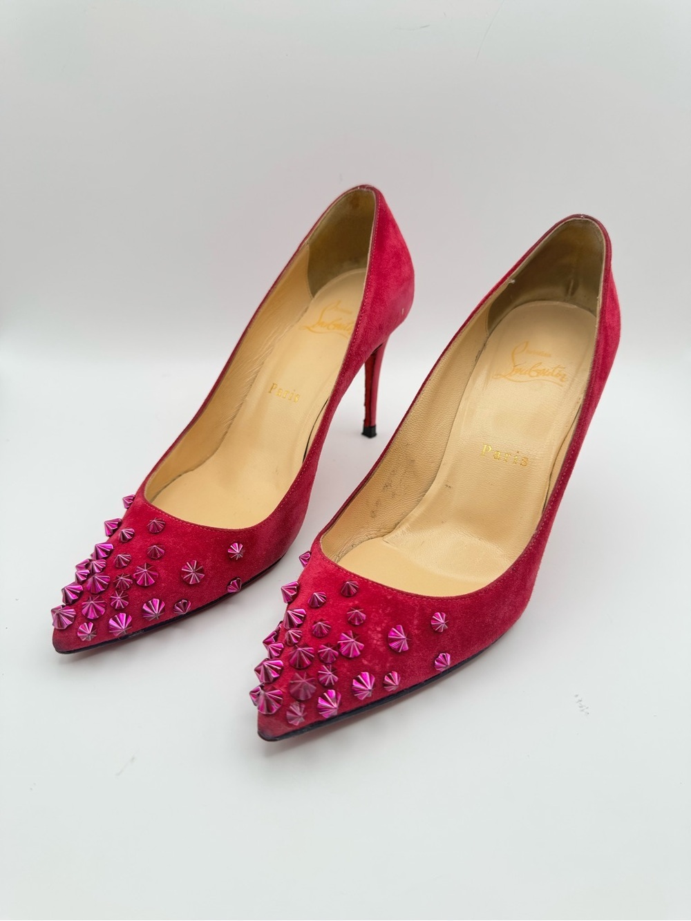 Christian Louboutin Pink Suede Spiked Pigalle Pumps Heels EU 36 US 6 Red Sole